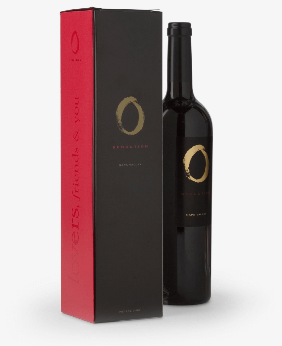 A bottle of wine with a red box next to it.