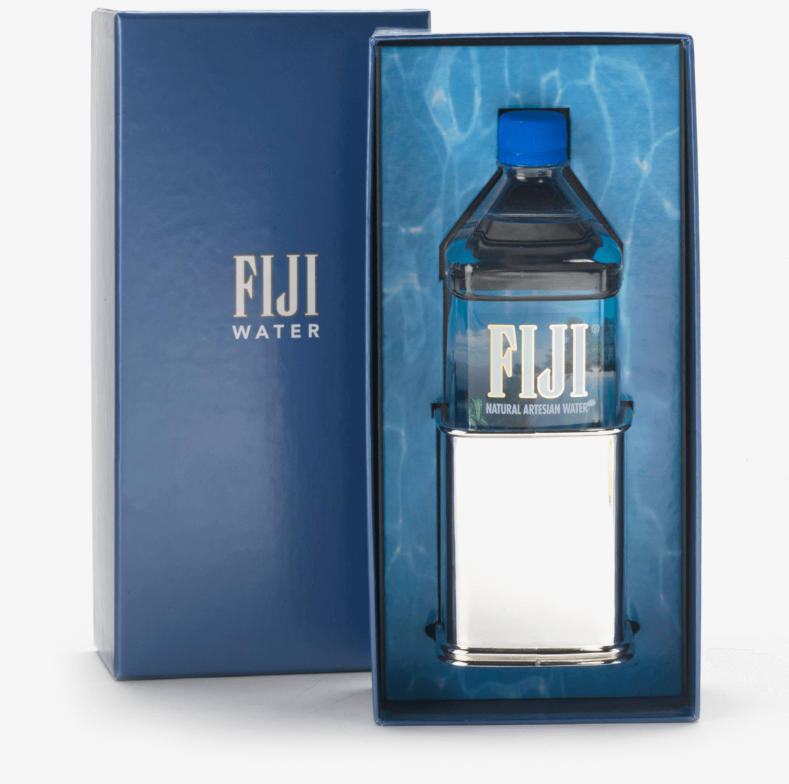 A bottle of fiji water in a blue box.