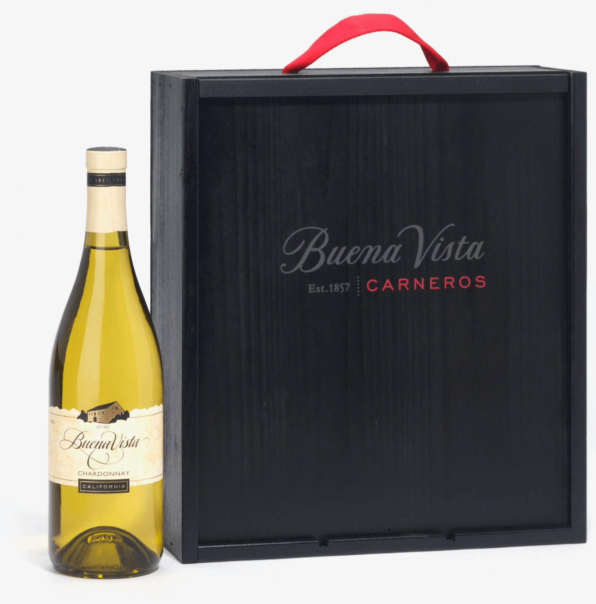 A bottle of white wine in a gift box.