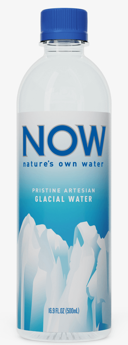 A now glacial water bottle with unique packaging.