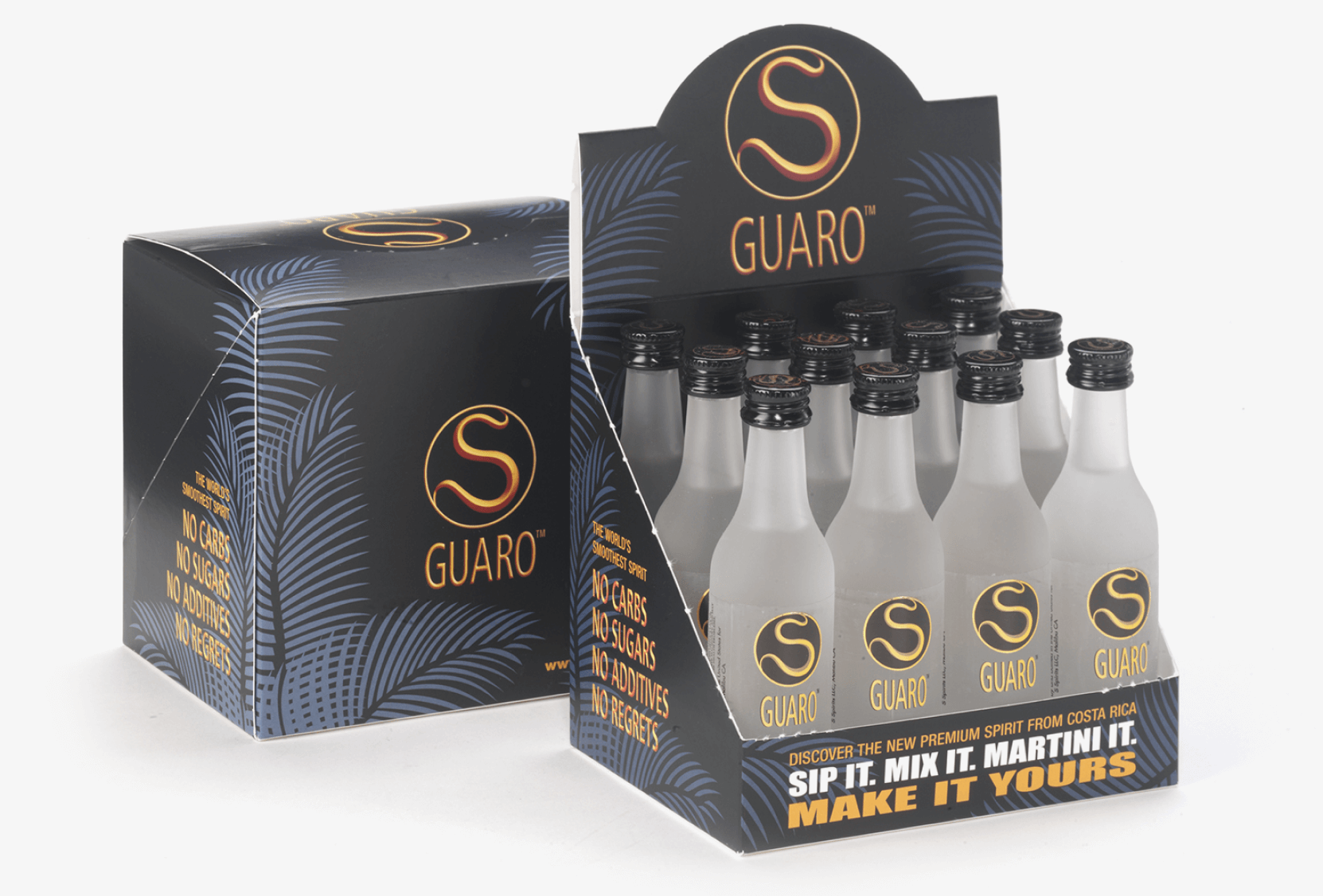 A box of sguardo bottles in front of a white background.