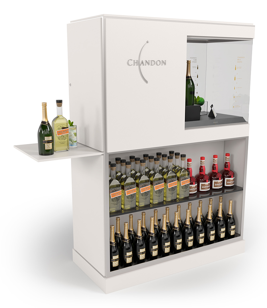 A white cabinet with bottles of wine and liquor on it.