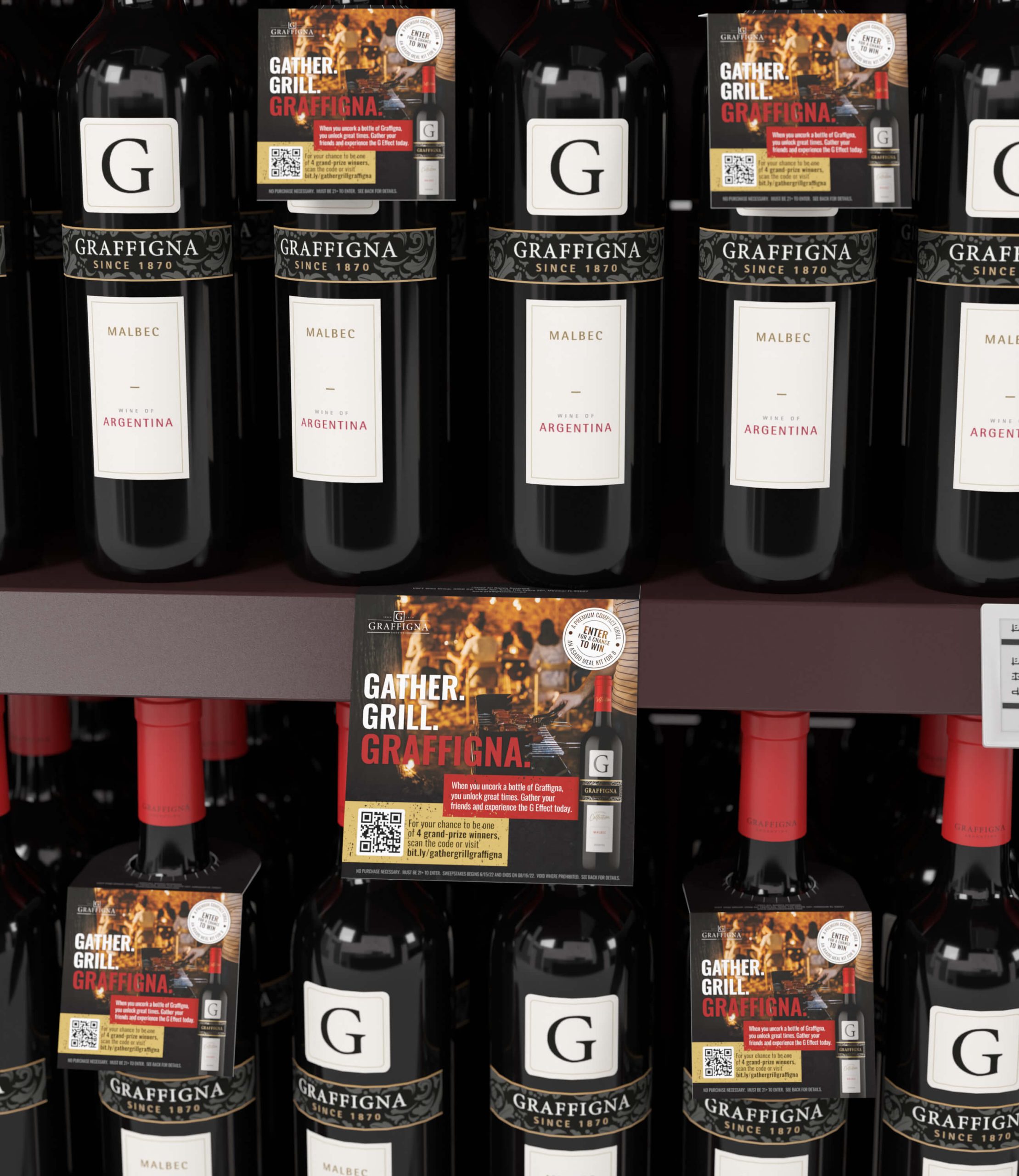 A display of wine bottles on a shelf.