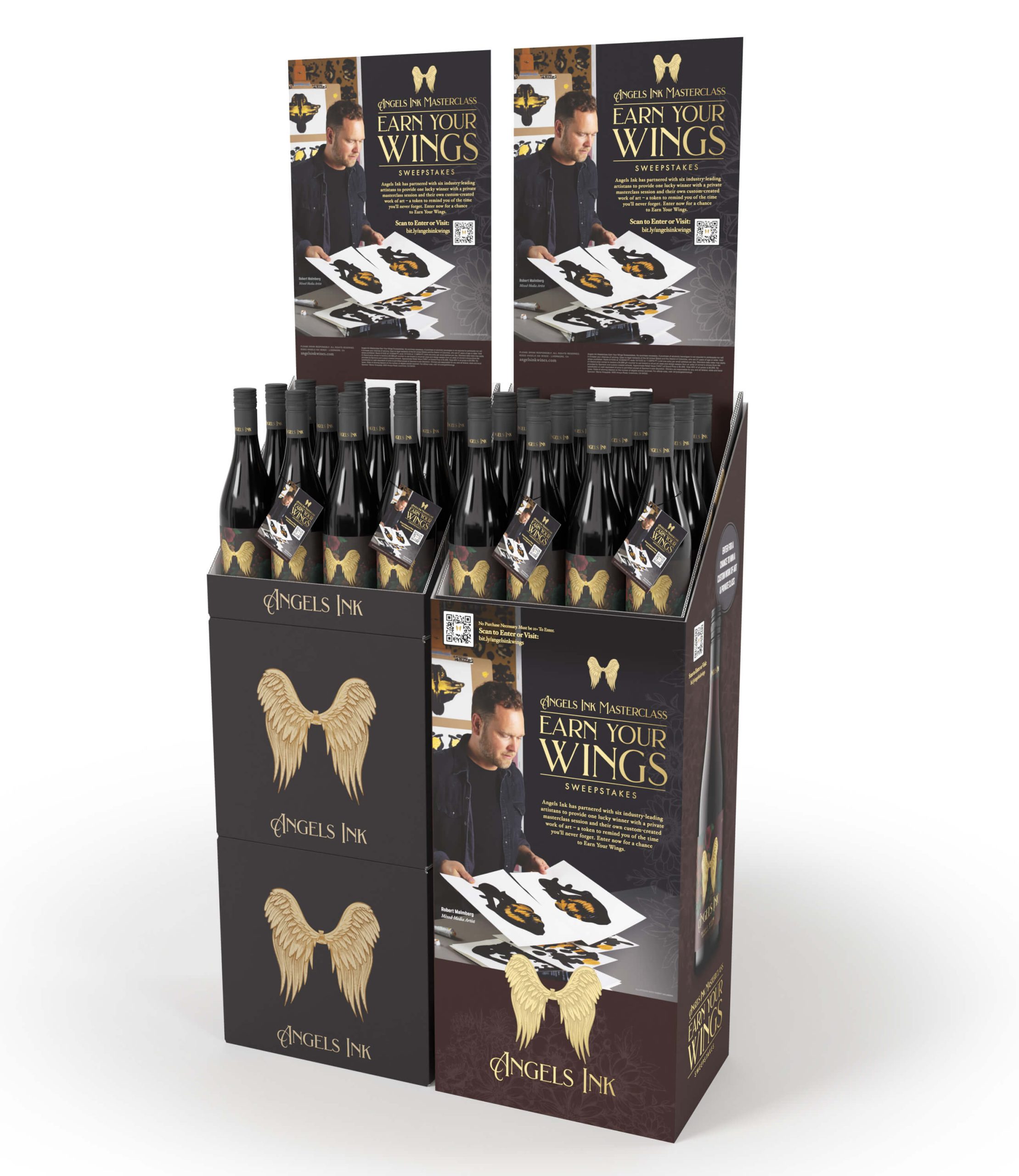 A display of bottles with gold wings on them.