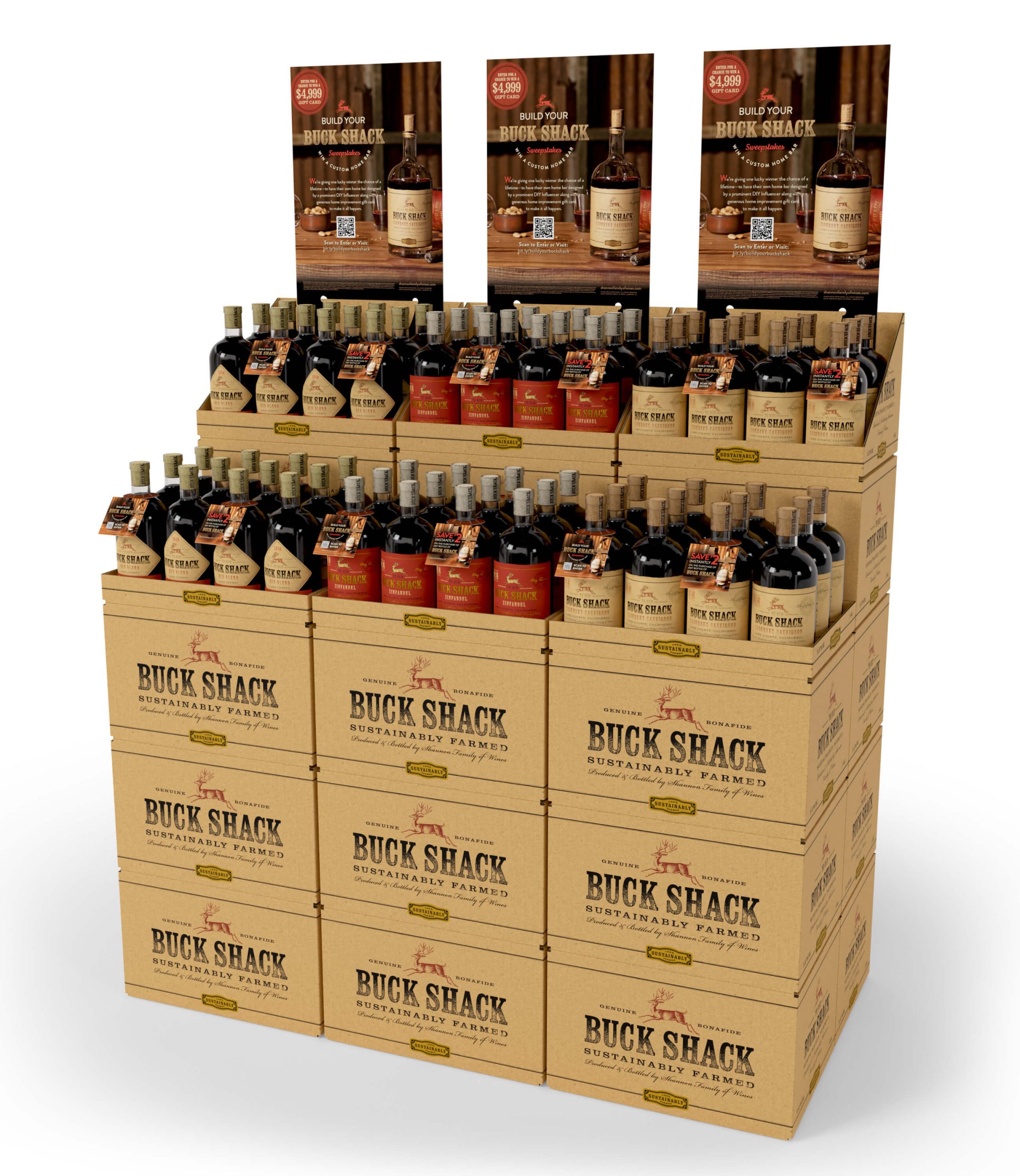 A display of several bottles of wine in cardboard boxes.